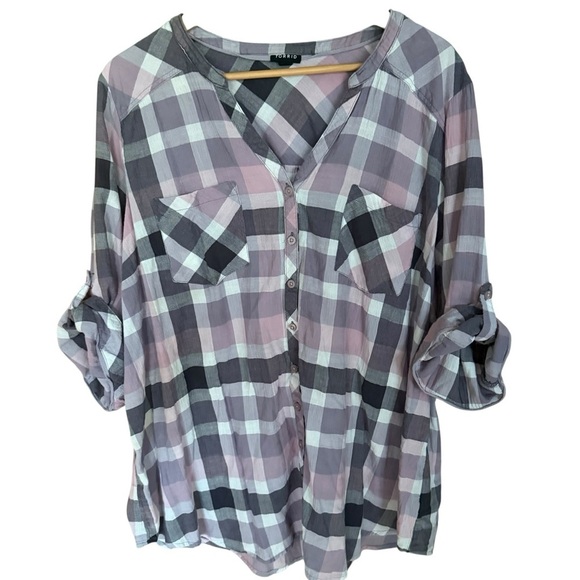 Torrid Windowpane Plaid Popover Shirt Women’s 4X 3/4 Roll Tab Sleeves Country - Picture 2 of 13